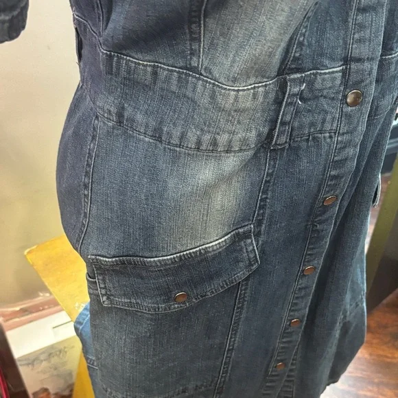 Denim Midi Shirt Dress with Pearl Detail - Blue - Picture 4 of 12